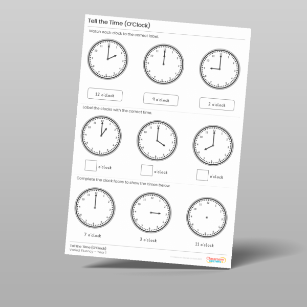 Classroom Secrets | Collection Page Year 1 Tell the Time (O'Clock)