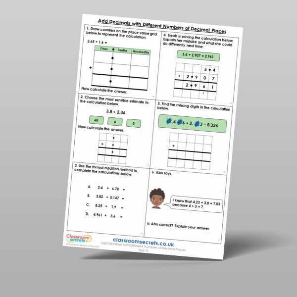 Classroom Secrets | Collection Page Year 5 Add Decimals With Different ...
