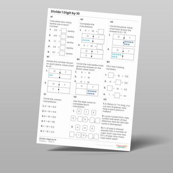 Classroom Secrets | Collection Page Year 4 Divide 1 Digit by 10