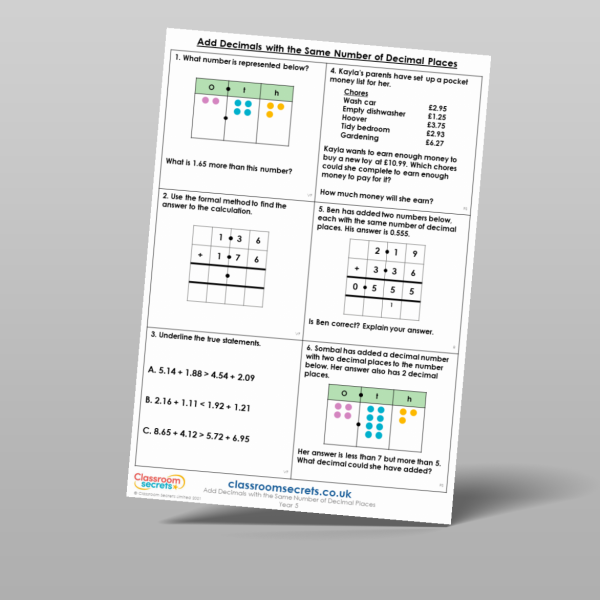 Classroom Secrets | Collection Page Year 5 Add Decimals with the Same ...