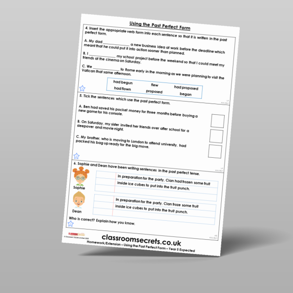Year 5 Past Perfect Form Homework Resource | Classroom Secrets
