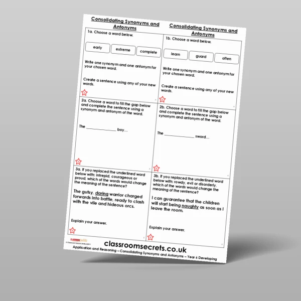 An image of the Consolidating Synonyms and Antonyms Application and Reasoning Resource