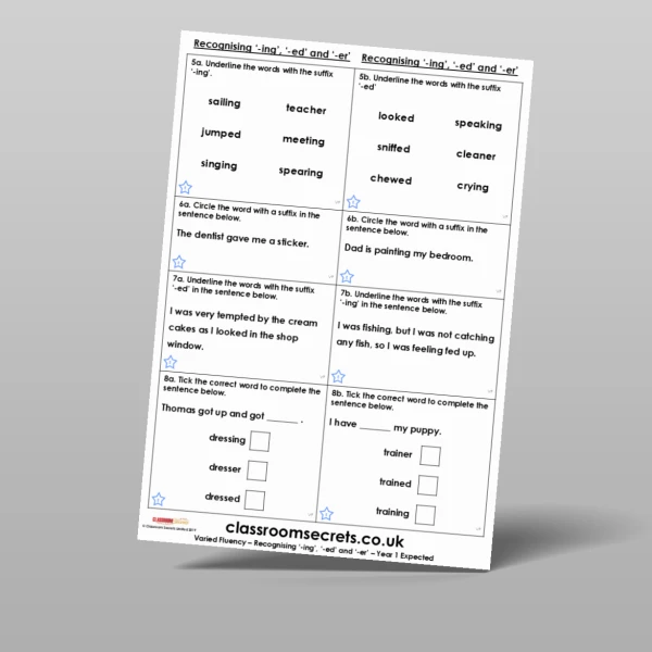 An image of the Recognising '-ing', '-ed' and '-er' Varied Fluency Resource