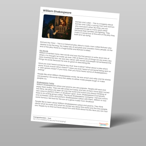 An image of the William Shakespeare Comprehension Pack Resource