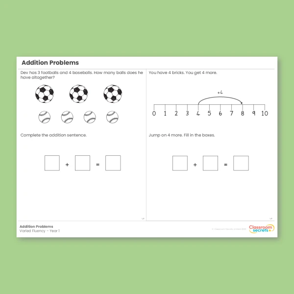 Year 1 Addition Problems Addition and Subtraction within 10 Varied Fluency