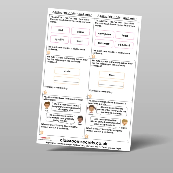 An image of the Free Adding 'de-', 'dis-', and 'mis-' Application and Reasoning Resource