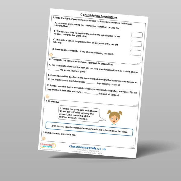 An image of the Consolidating Prepositions Homework Resource
