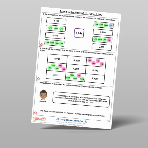 An image of the Round to the Nearest 10, 100 or 1,000 Homework Resource
