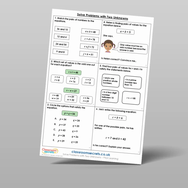 An image of the Solve Problems with Two Unknowns Prior Learning Resource