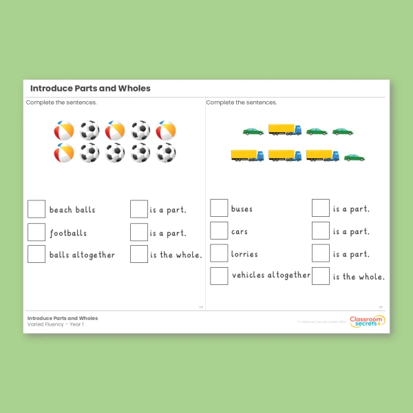 An image of the Free Introduce Parts and Wholes Varied Fluency Resource