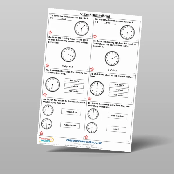 An image of the O'Clock and Half Past Varied Fluency Resource