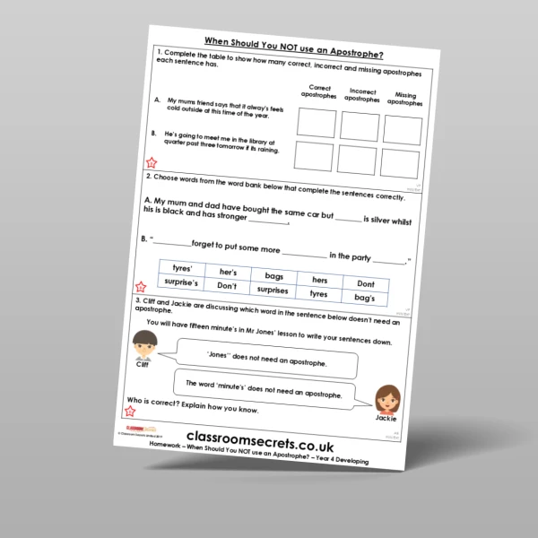 An image of the When Should You NOT use an Apostrophe? Homework Resource