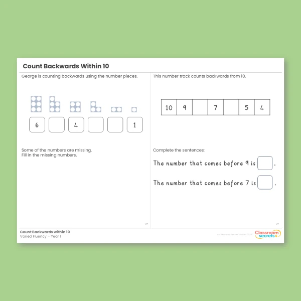Year 1 Count Backwards within 10 Place Value within 10 Varied Fluency