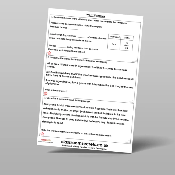 An image of the Free Word Families Homework Resource