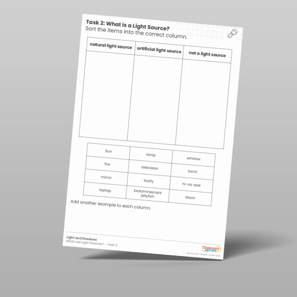An image of the Free Lesson 1: What is a Light Source? Worksheet Resource