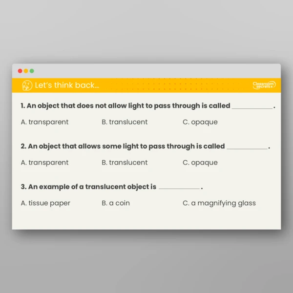 An image of the Lesson 4: Is it Transparent, Translucent or Opaque? Investigation Resource