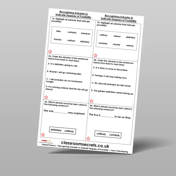 An image of the Recognising Adverbs to Indicate Degrees of Possibility Varied Fluency Resource