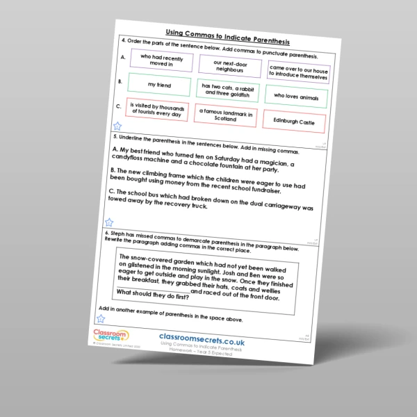 An image of the Using Commas to Indicate Parenthesis Homework Resource
