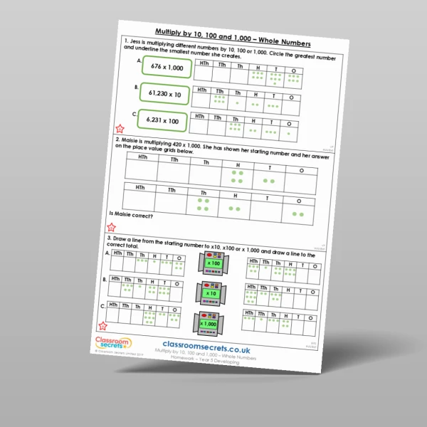 An image of the Multiply by 10, 100 and 1,000 - Whole Numbers Homework Resource