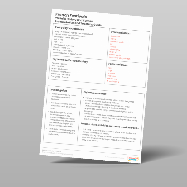 Year 5 French Festivals Pronunciation Guide Resource | Classroom Secrets