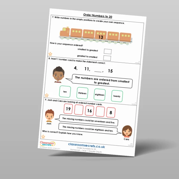 An image of the Order Numbers to 20 Homework Resource