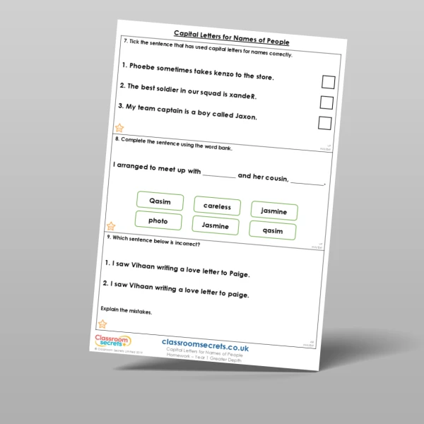 An image of the Capital Letters for Names of People Homework Resource