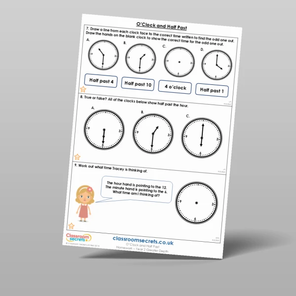 An image of the O'Clock and Half Past Homework Resource