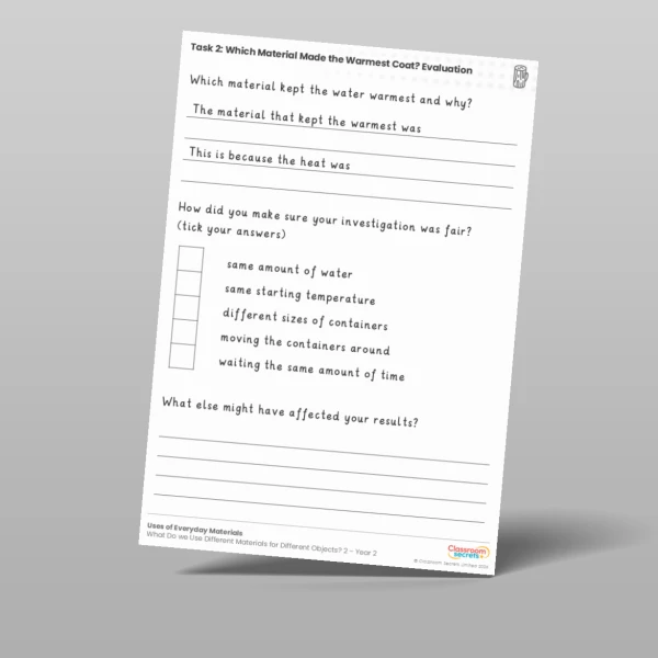 An image of the Lesson 5: Which Material Made the Warmest Coat? Evaluation Worksheet Resource