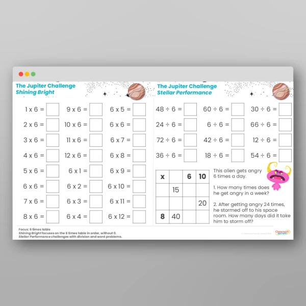 An image of the Challenge 7 Jupiter 6 Times Table Resource
