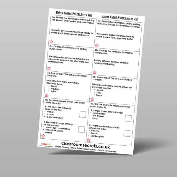 An image of the Using Bullet Points for a List Varied Fluency Resource