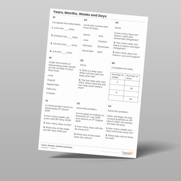 Year 4 Weeks And Days Recap Fluency Matrix Resource | Classroom Secrets