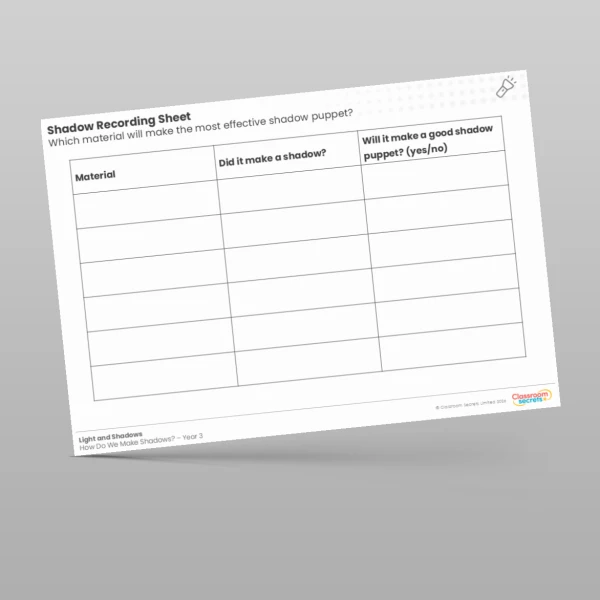 An image of the Lesson 5: Shadow Recording Sheet Worksheet Resource