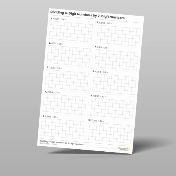 An image of the Dividing 4-Digit Numbers by 2-Digit Numbers Arithmetic Test Resource