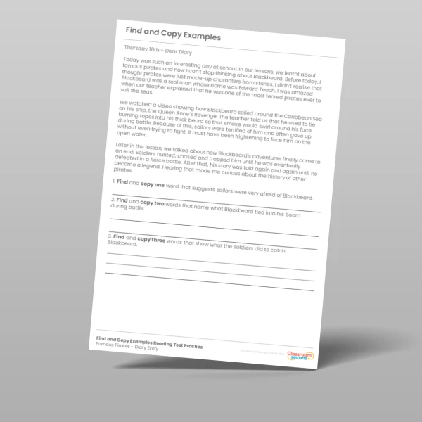 An image of the Find and Copy Reading Test Practice Famous Pirates Resource