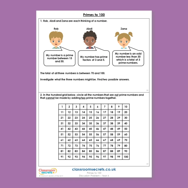 Year 6 Primes to 100 Addition, Subtraction, Multiplication and Division Deeper Reasoning Discussion Problem