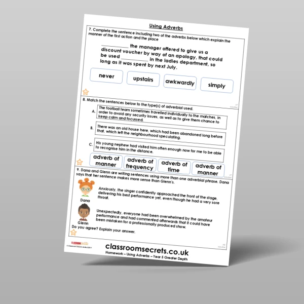 An image of the Using Adverbs Homework Resource