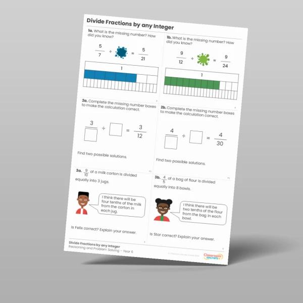An image of the Divide Fractions by any Integer Reasoning and Problem Solving Resource