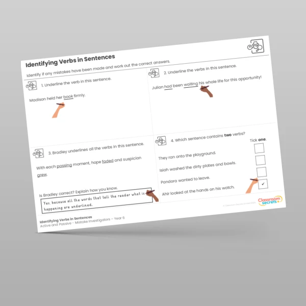An image of the Identifying Verbs in Sentences Mistake Investigators Resource