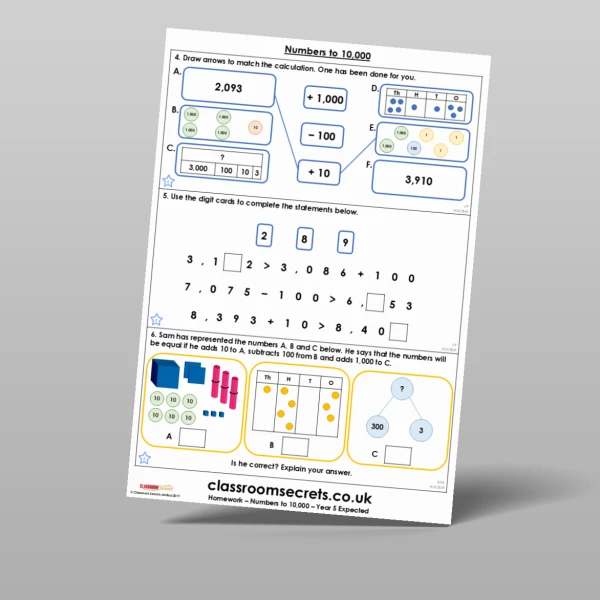 An image of the Numbers to 10,000 Homework Resource