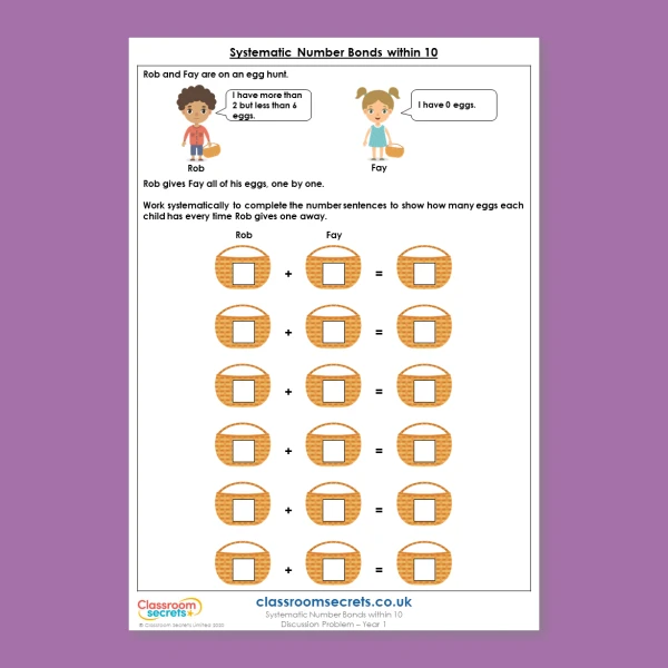 Year 1 Systematic Number Bonds within 10 Addition and Subtraction within 10 Deeper Reasoning Discussion Problem