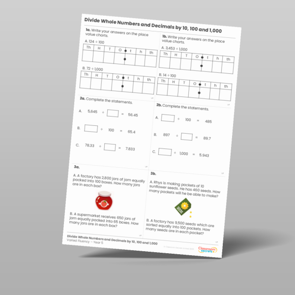 Year 5 Divide Whole Numbers And Decimals By 10 100 And 1 000 Varied ...