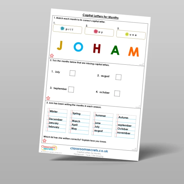 An image of the Capital Letters for Months Homework Resource