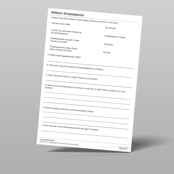 An image of the William Shakespeare Comprehension Pack Resource