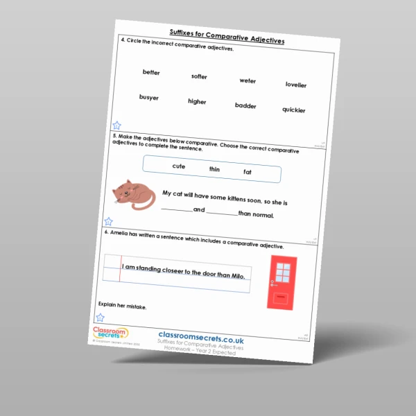 An image of the Suffixes for Comparative Adjectives Homework Resource