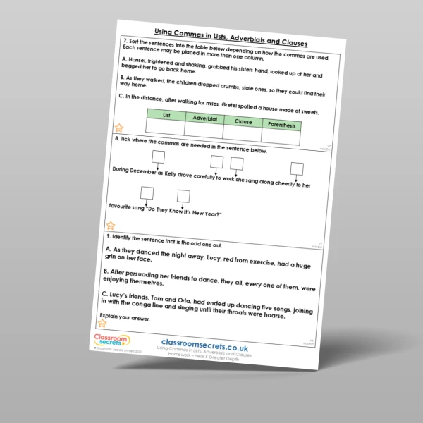 An image of the Free Using Commas in Lists, Adverbials and Clauses Homework Resource