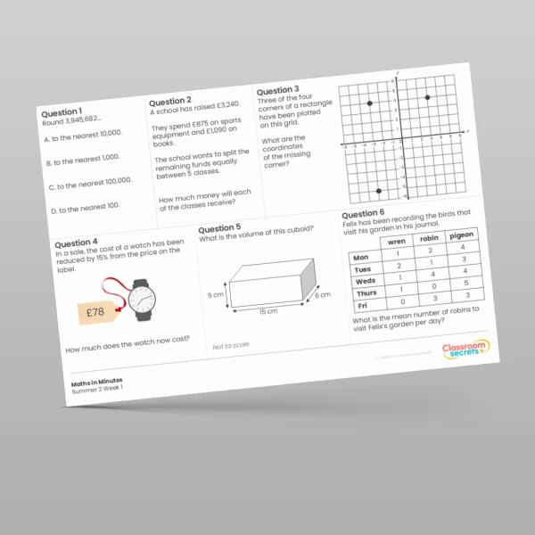 An image of the Summer 2 Week 1 Maths in Minutes Resource