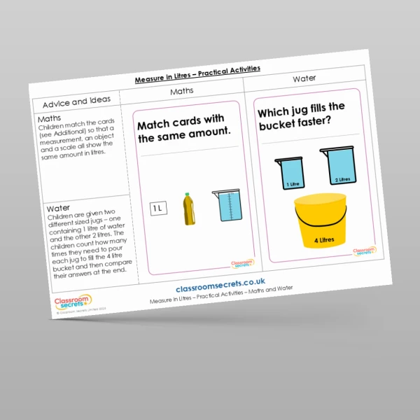 An image of the Measure in Litres Practical Activities Resource