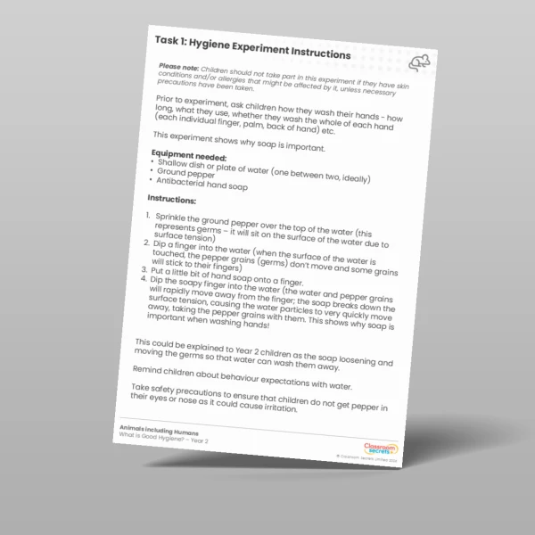 An image of the Lesson 6: Hygiene Experiment Instructions Worksheet Resource