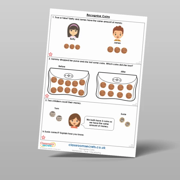An image of the Recognise Coins Homework Resource