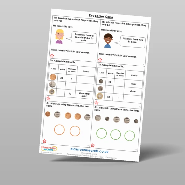 An image of the Recognise Coins Reasoning and Problem Solving Resource